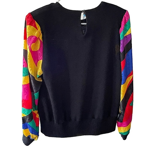 VINTAGE Gianna Black Knit Sweater with Bright Silky Print Sleeves & Applique 10 - Picture 2 of 8